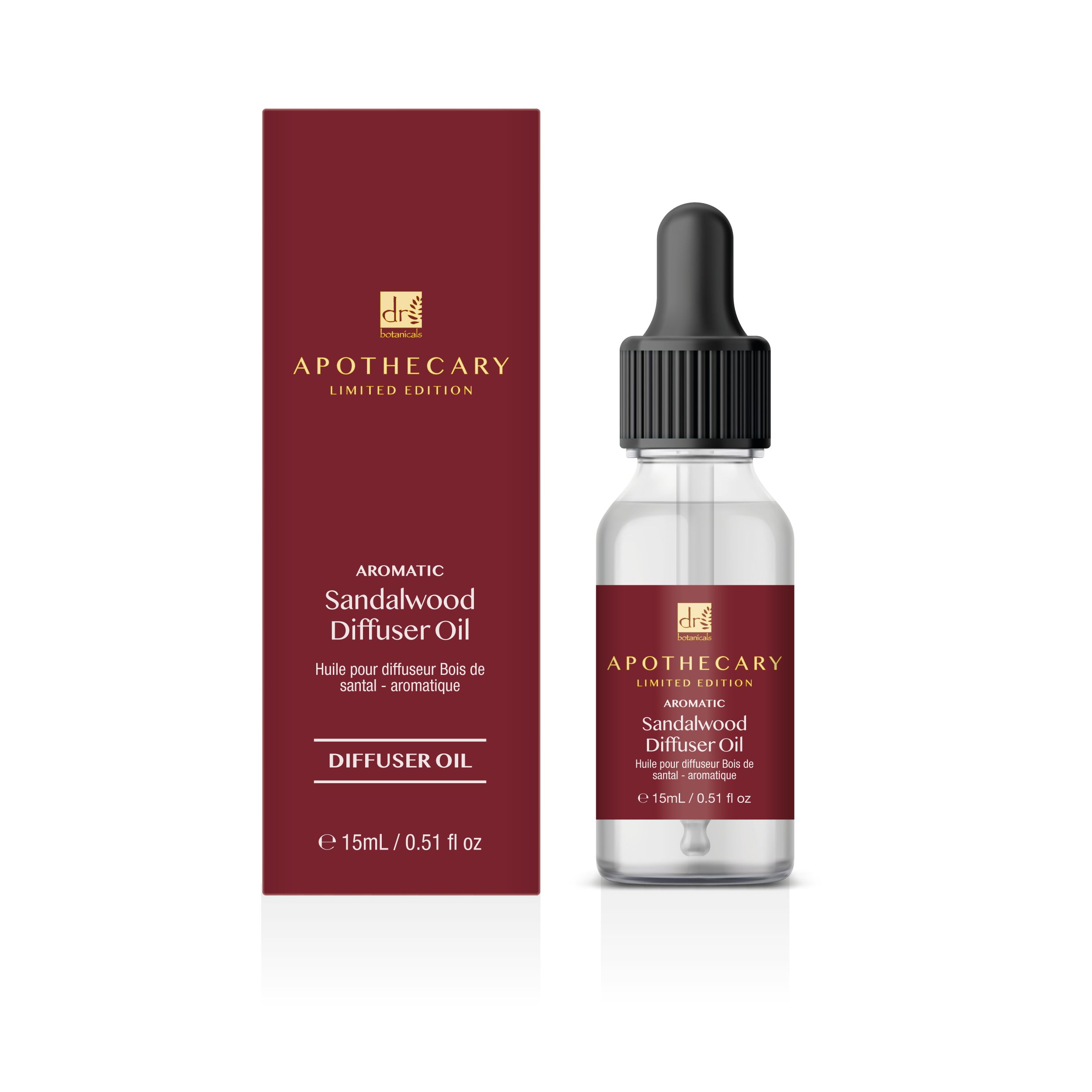 Diffusoröl-Flakon mit Pipette und Karton. Aufschrift: Apothecary, Sandelholz. Flakon mit rotem Etikett.