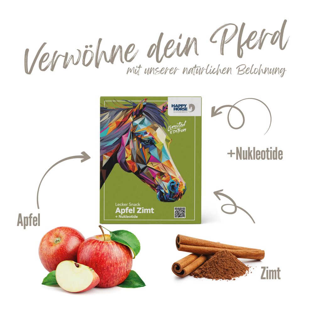 Produktverpackung, Äpfel, Zimtstangen und -pulver. Pfeile zeigen auf die Zutaten und das Produkt. Text: Apfel, Zimt, Nukleotide.