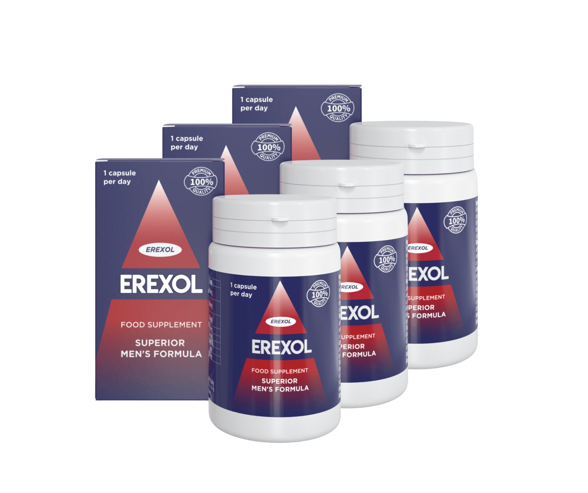 Mehrere Packungen und Flaschen Erexol Kapseln. Blaue Schachteln und weiße Flaschen mit rotem Dreieck und Text. Aufschrift: Superior Men's Formula.