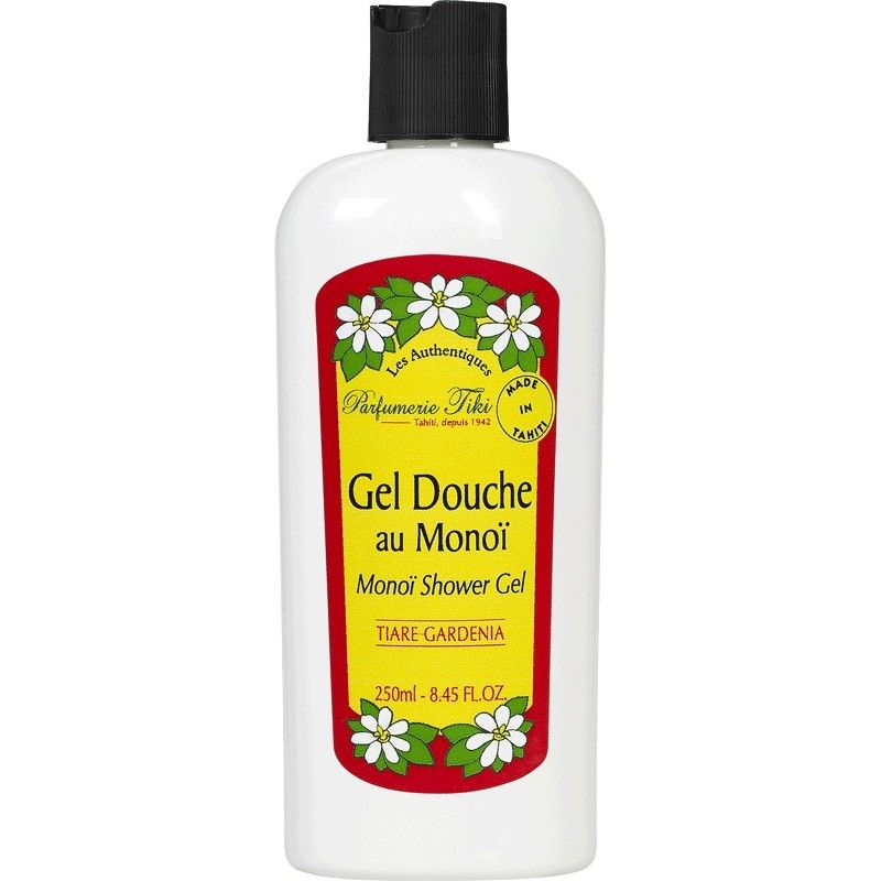 Weißliche Flasche mit schwarzem Deckel. Aufkleber mit Text: Gel Douche au Monoï, Tiare Gardenia. Marke: Parfumerie Tiki.