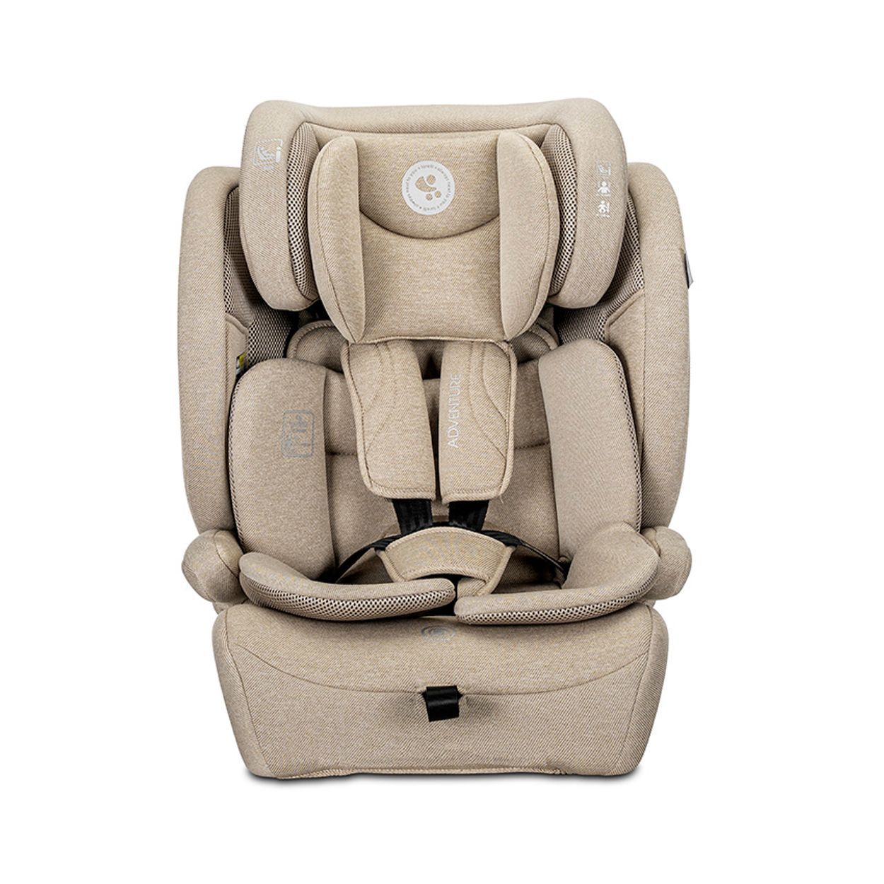 Grauer Kindersitz mit verstellbarer Kopfstütze, 5-Punkt-Gurt und ISOFIX-Befestigung.