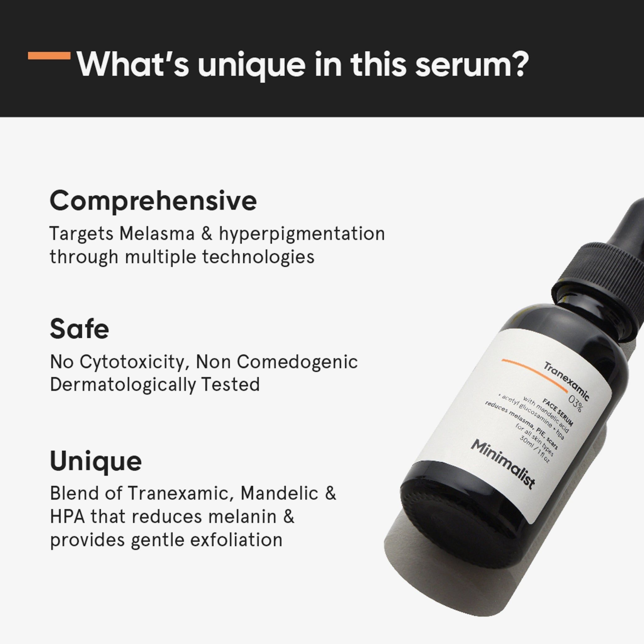 Flacon de sérum noir avec pipette, en biais. Inscription : Acide Tranexamique 03%, Sérum Visage. Texte : Mélasma et hyperpigmentation.