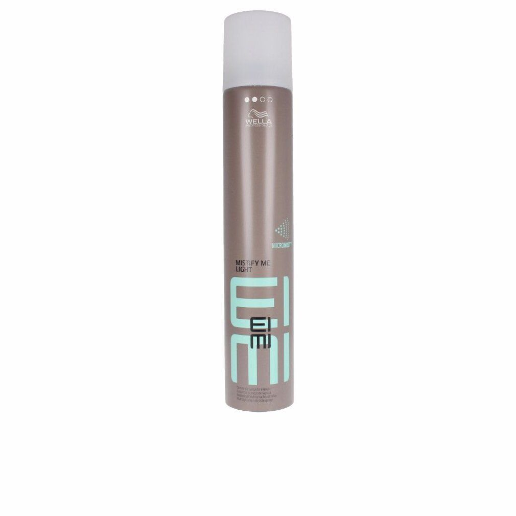 Haarspray-Dose, braun-grau mit weißem Deckel. Schriftzug EIMI, MISTIFY ME LIGHT. Marke Wella.