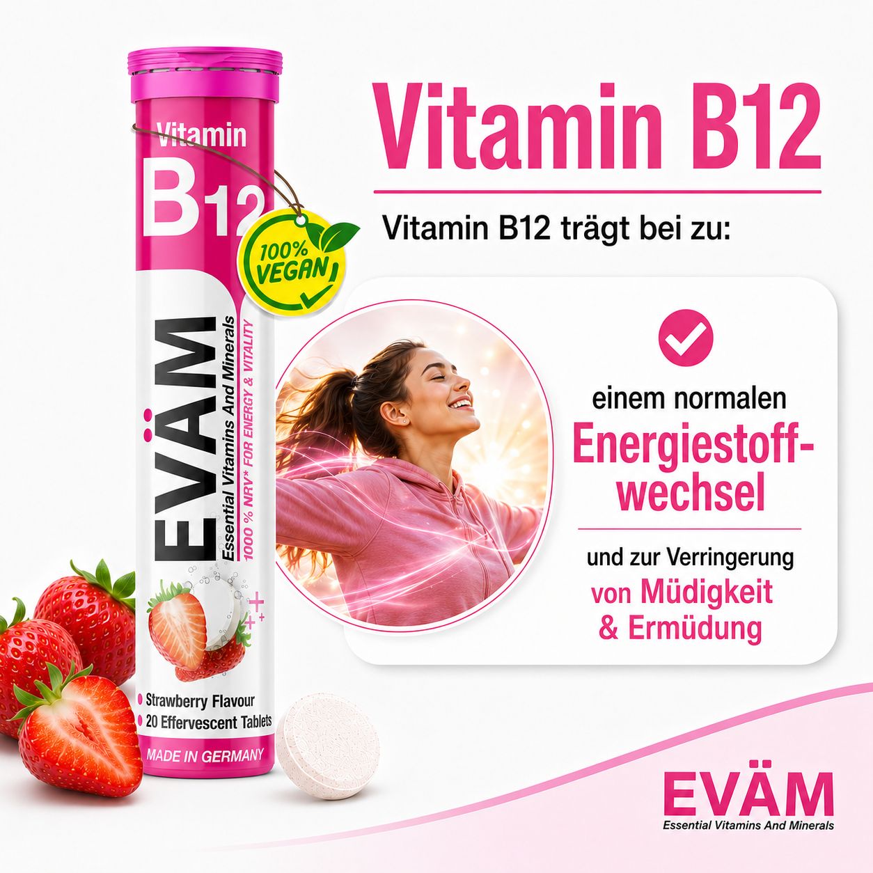 EVÄM Vitamin B12 Brausetabletten: Unterstützt Energiestoffwechsel und reduziert Müdigkeit. Mit Erdbeeren und 100% vegan Siegel.