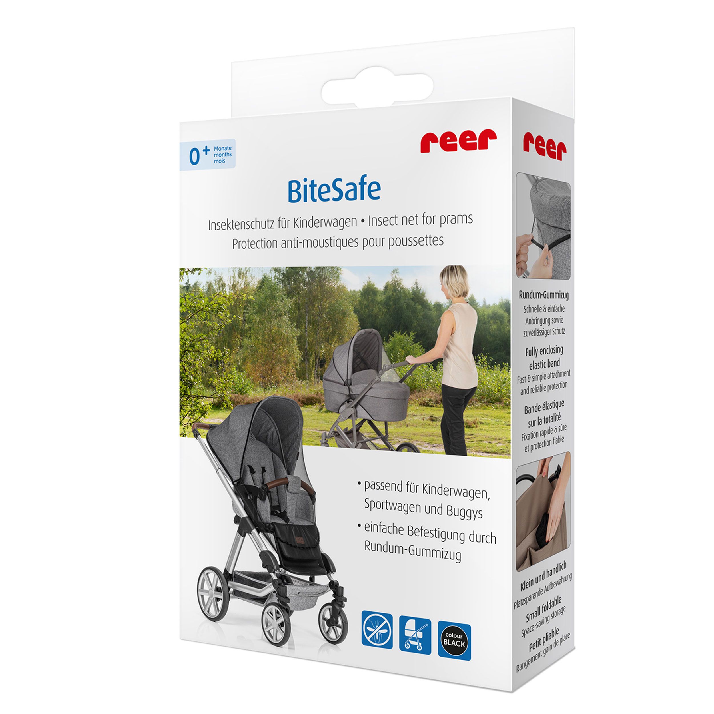 Verpackung von reer BiteSafe Insektenschutz. Produktabbildung und Anwendungshinweise.