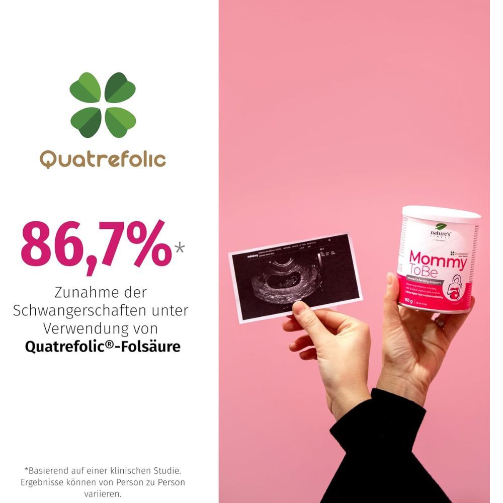 Hand hält Ultraschallbild und Dose Nature's Finest Mommy ToBe. Hintergrund rosa. Logo Quatrefolic. Text: 86,7% Zunahme.
