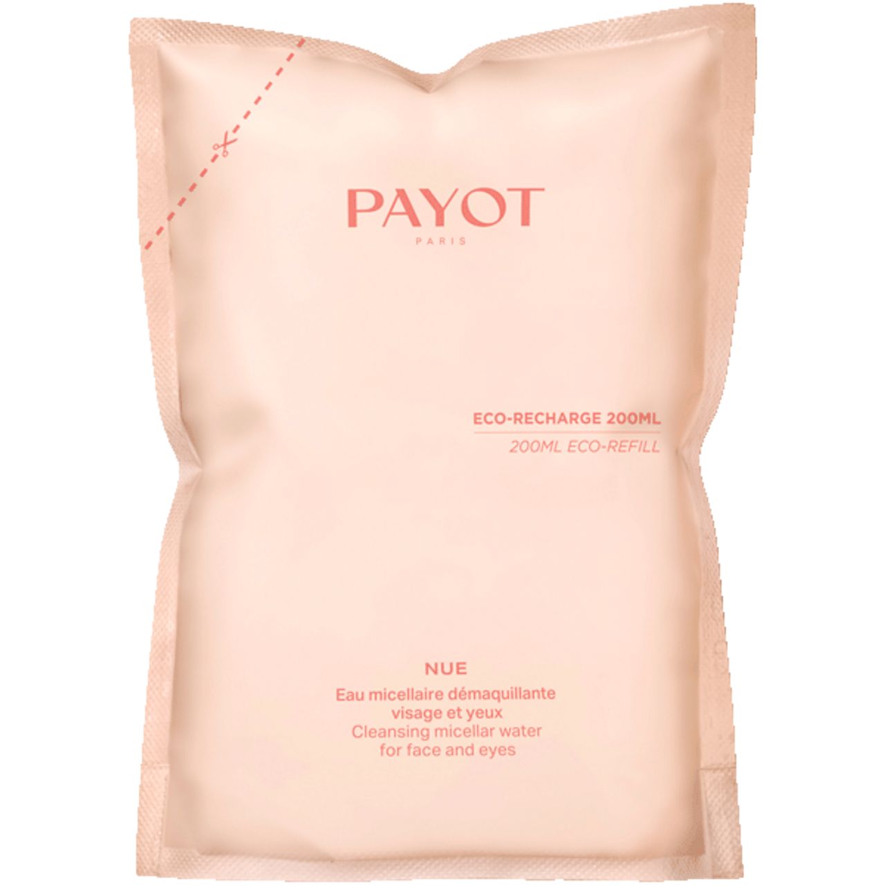 Beige Nachfüllbeutel mit Payot-Logo und Produktbezeichnung. Text: Eco-Recharge 200ml, Nue Eau Micellaire Démaquillante.