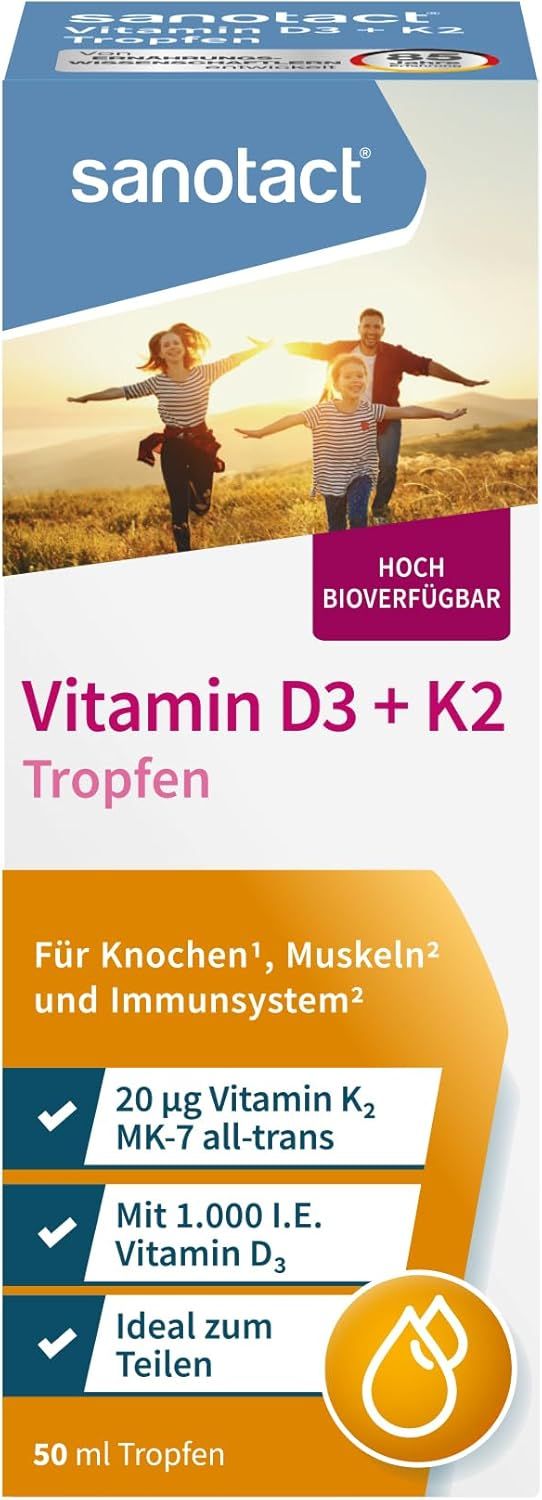 sanotact Vitamin D3 + K2 20 µg Mk-7 Tropfen, hochdosiert mit 1.000 I.E pro Tropfen 50 ml