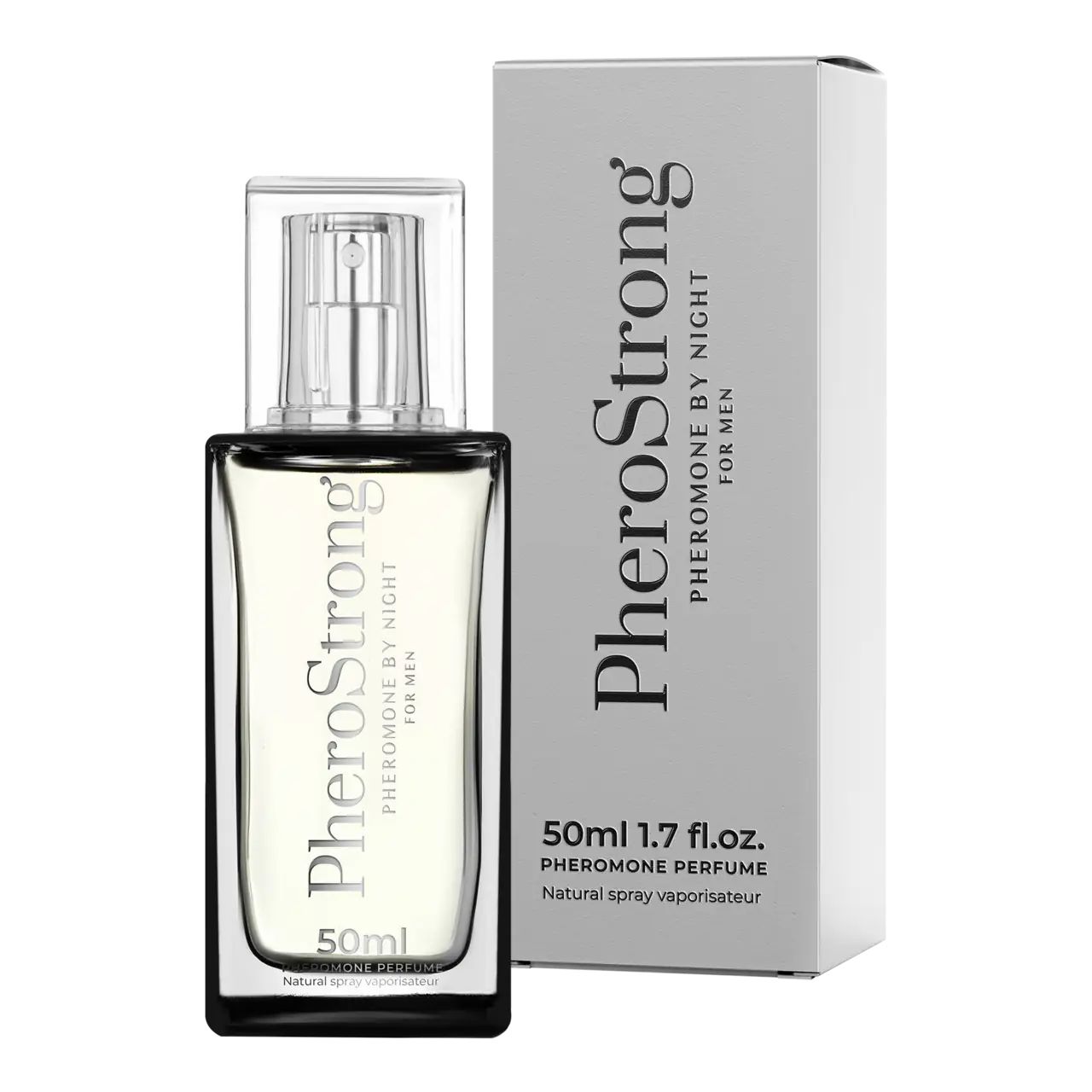Flakon mit Sprühkopf und Verpackung. Aufschrift PheroStrong, Pheromone By Night For Men. 50ml.