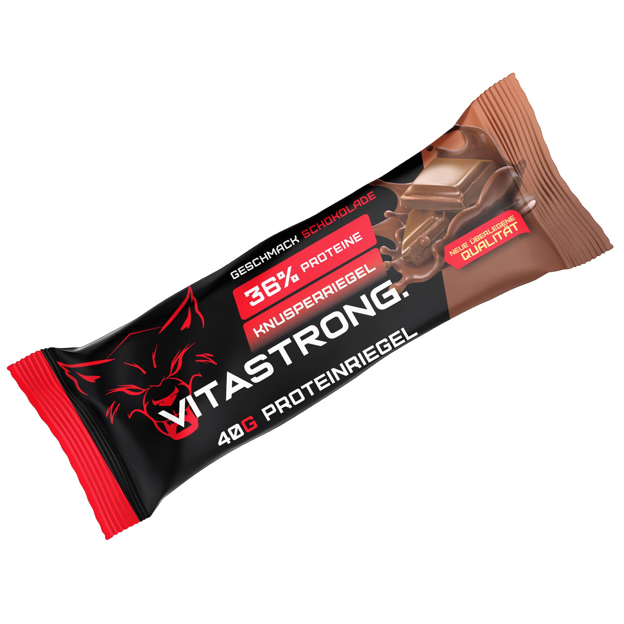 Proteinriegel, braune Verpackung. Aufschrift: Vitastrong, 36% Protein, 40g Proteinriegel, Geschmack Schokolade.