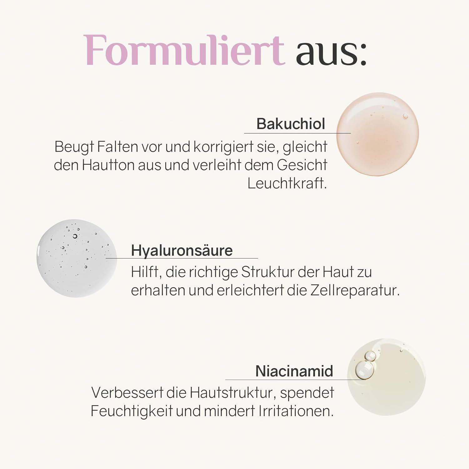 Grafik mit Inhaltsstoffen: Bakuchiol, Hyaluronsäure, Niacinamid. Text beschreibt die Vorteile der Inhaltsstoffe.