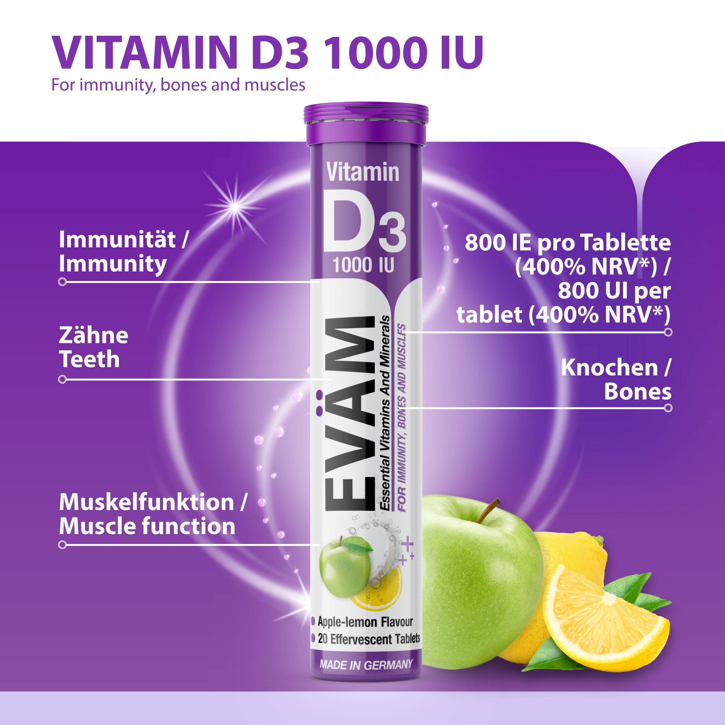 Tuben EVÄM Vitamin D3 1000 IU. Aufschrift: Essential Vitamins And Minerals. Für Immunität, Knochen und Muskelfunktion. Apfel-Zitronen-Geschmack.