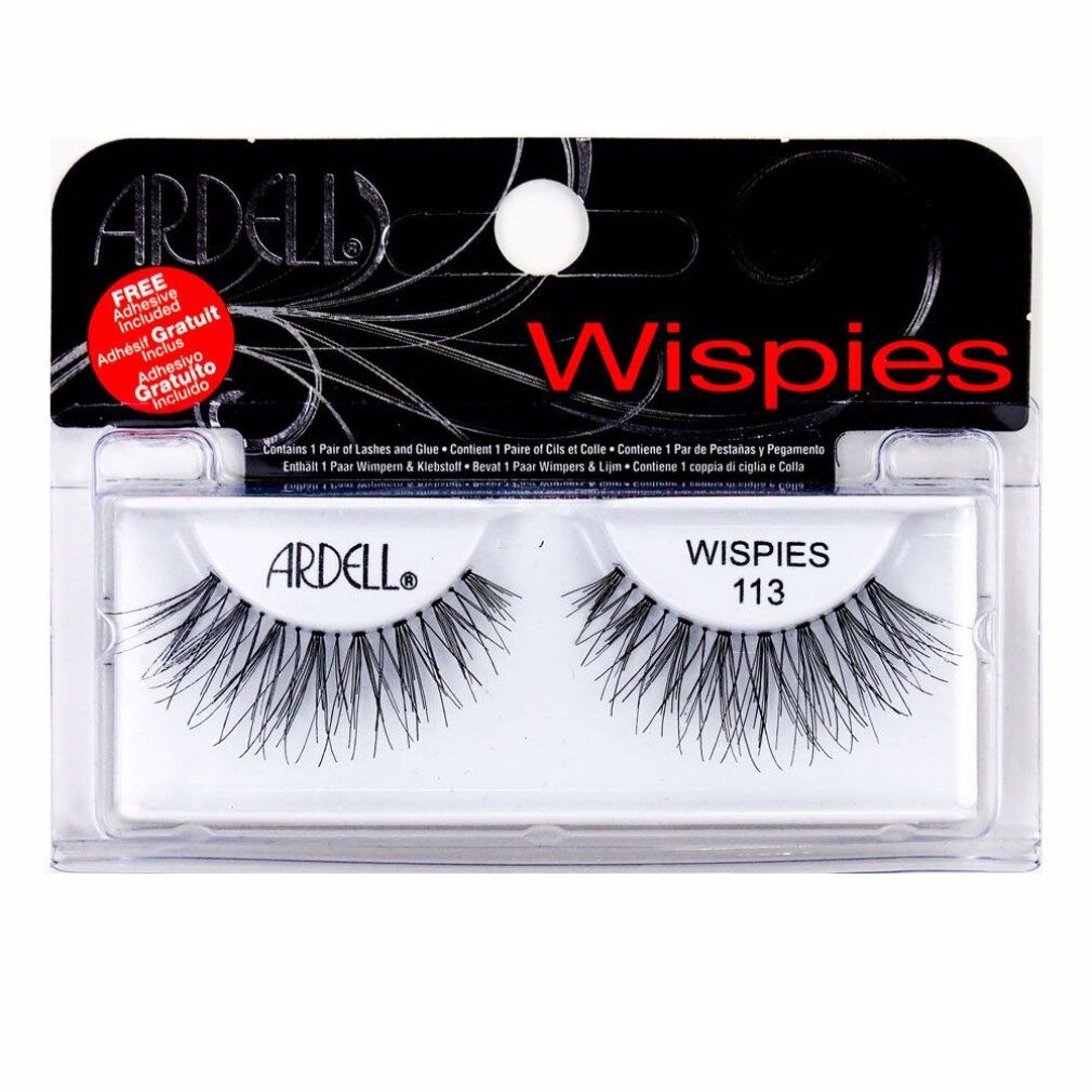 Ardell Wispies 113 Wimpern. Schwarze Kunstwimpern in Verpackung. Enthält Kleber. Leicht, komfortabel, natürliches Haar.