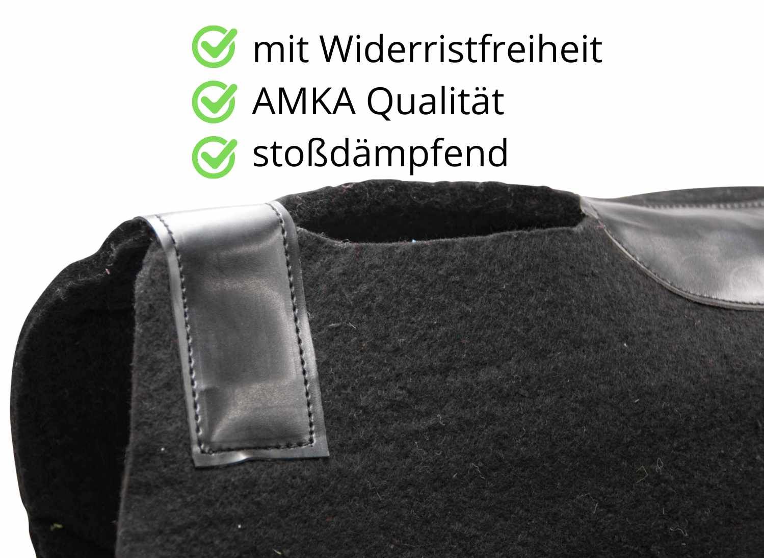 Schwarzer Filz Westernpad mit Lederverstärkungen. Text: mit Widerristfreiheit, AMKA Qualität, stoßdämpfend.