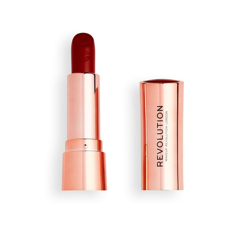 Lippenstift in Rot. Gehäuse aus Metall, geöffnet. Auf dem Gehäuse steht "REVOLUTION MAKEUP LONDON".