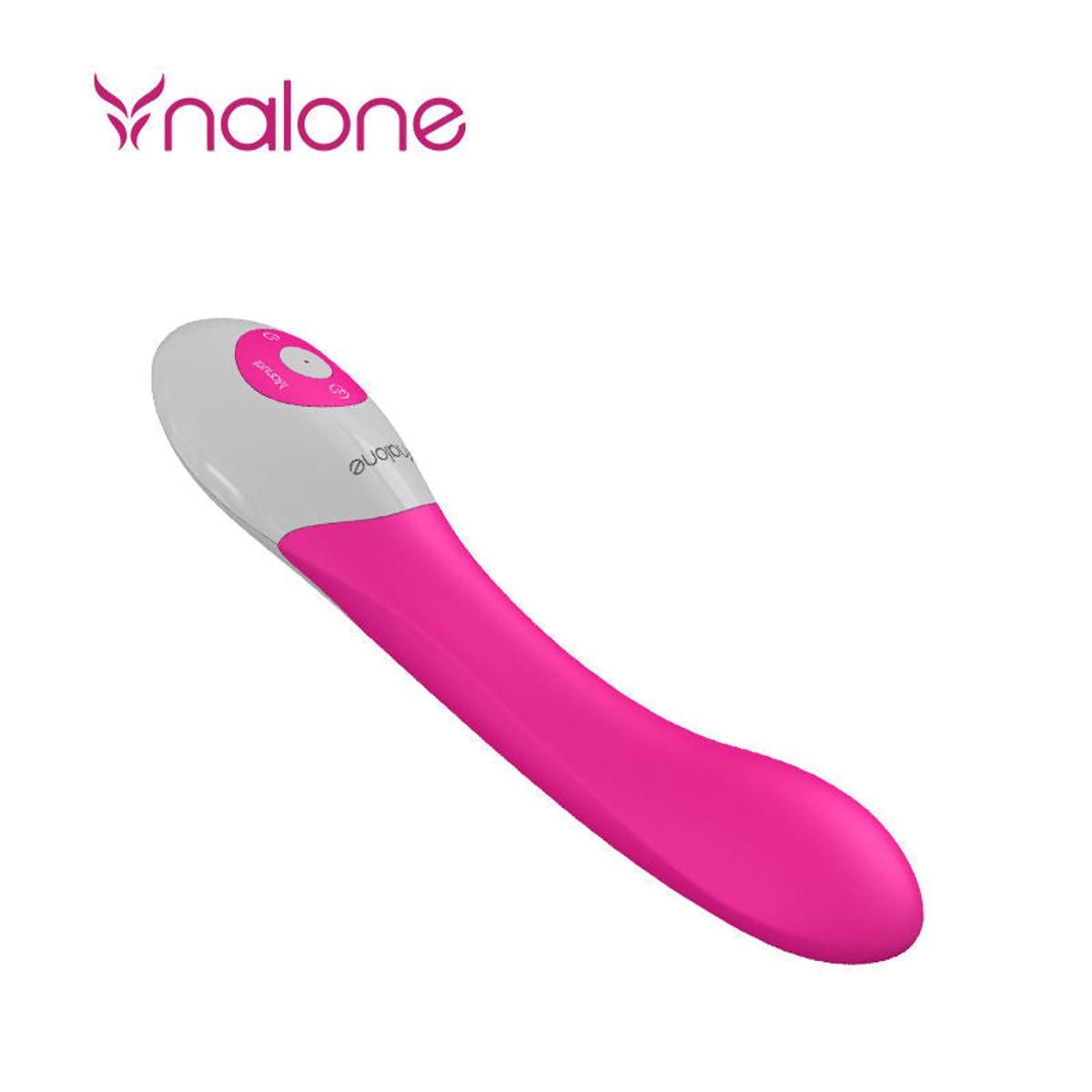 Pinkfarbener Vibrator mit weißem Bedienfeld. Marke Nalone. Knöpfe für Musik und Modus.