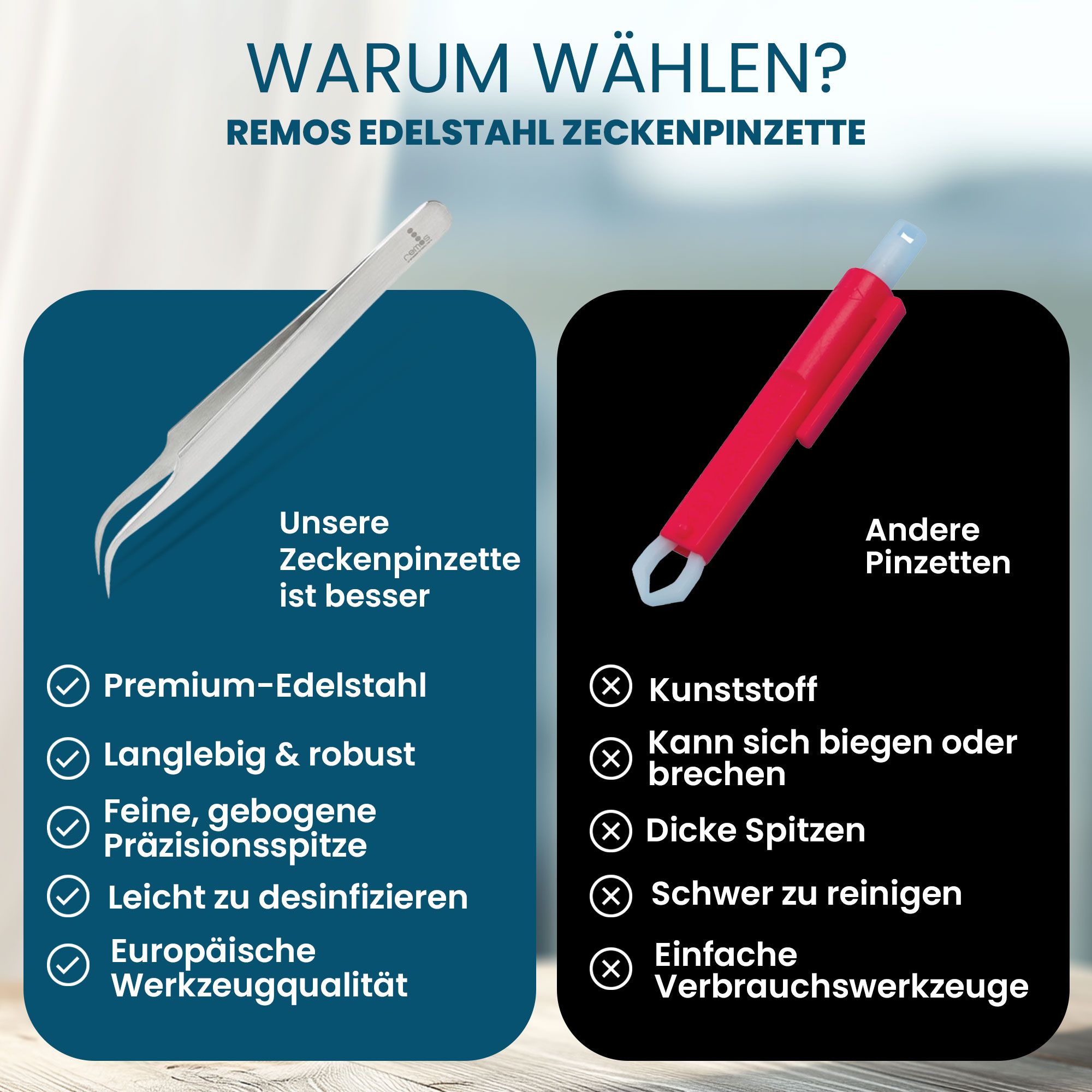 Vergleich: REMOS Zeckenzange aus Edelstahl vs. andere Pinzetten aus Kunststoff.