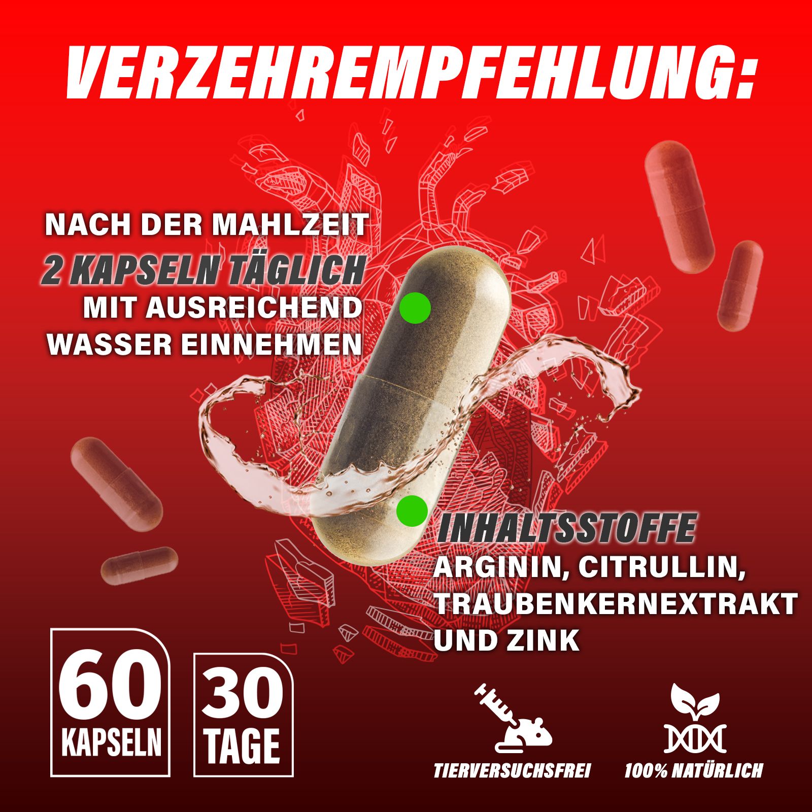 Kapseln auf rotem Hintergrund. Text: NACH DER MAHLZEIT 2 KAPSELN TÄGLICH. Inhaltsstoffe: Arginin, Citrullin, Traubenkernextrakt, Zink. 60 Kapseln, 30 Tage.