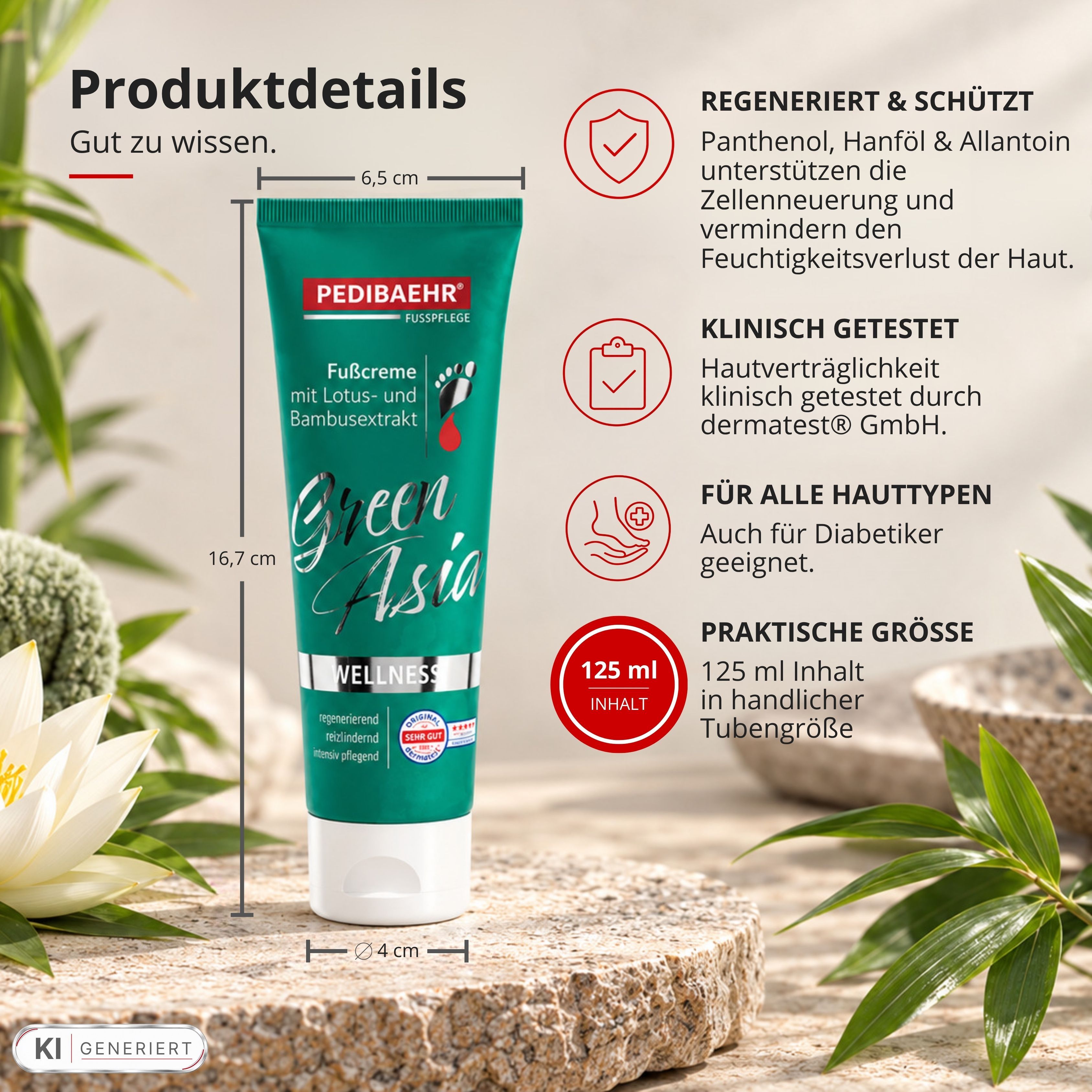 Pedibaehr Fußcreme Green Asia: 125 ml Tube, 16,7 cm hoch, 6,5 cm breit. Mit Lotus- und Bambusextrakt.