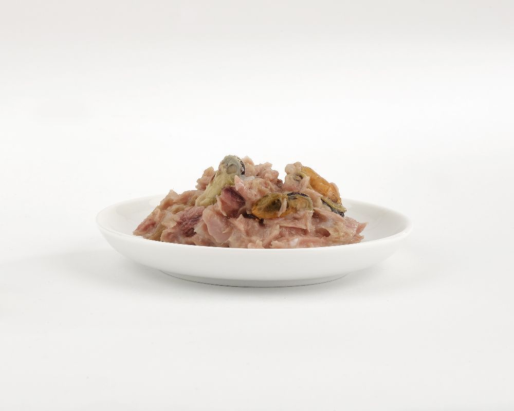 Thunfischfilet mit Krabben auf einem weißen Teller. Das Gericht ist auf einem weißen Hintergrund platziert.
