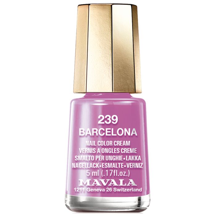 Flasche Nagellack, rosa Farbe. Goldfarbener Deckel. Aufschrift: Barcelona, Nail Color Cream, 5 ml.