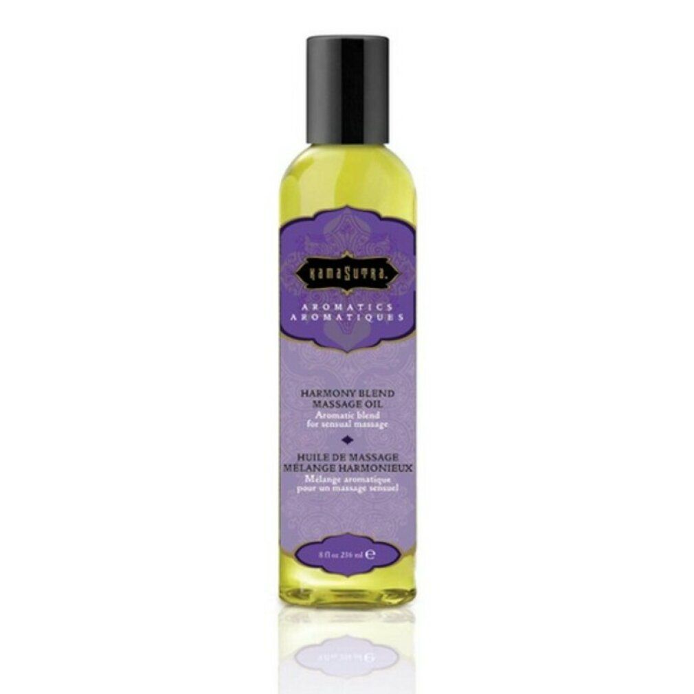 Gelbe Flasche mit schwarzem Deckel. Lila Etikett mit Text: "Kamasutra Aromatics Harmony Blend Massage Oil". 4 fl oz.