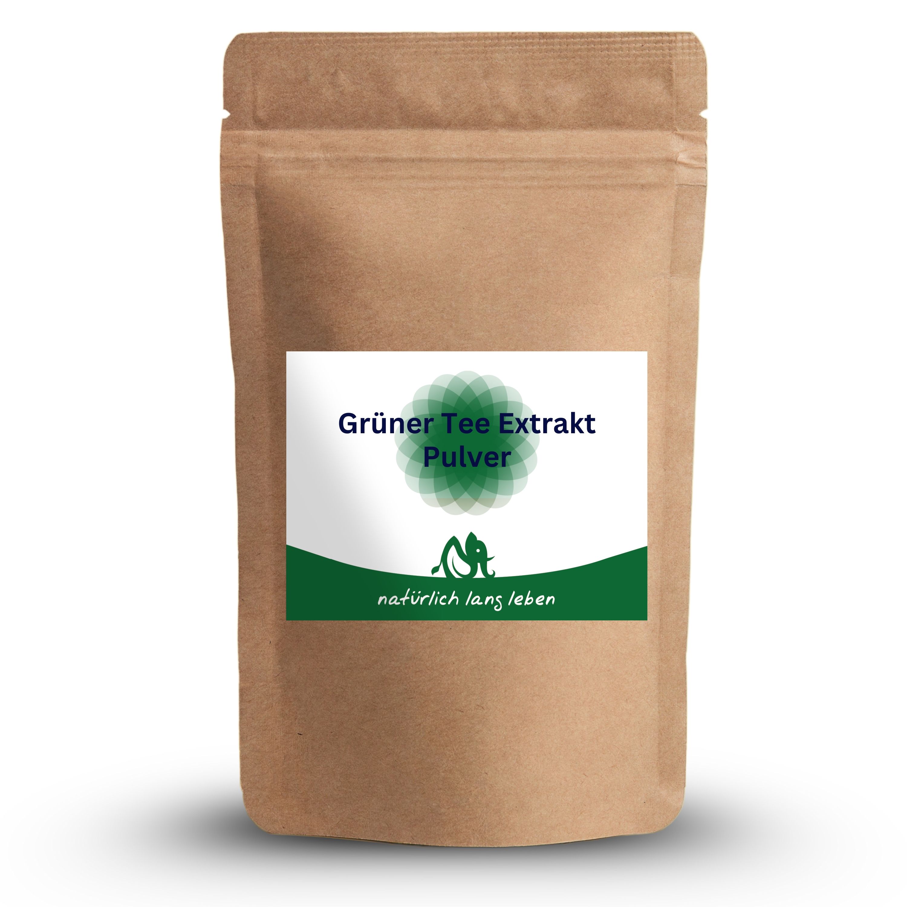 Braune Tüte mit grünem Etikett. Aufschrift: Grüner Tee Extrakt Pulver. Logo: Elefant. Text: natürlich lang leben.