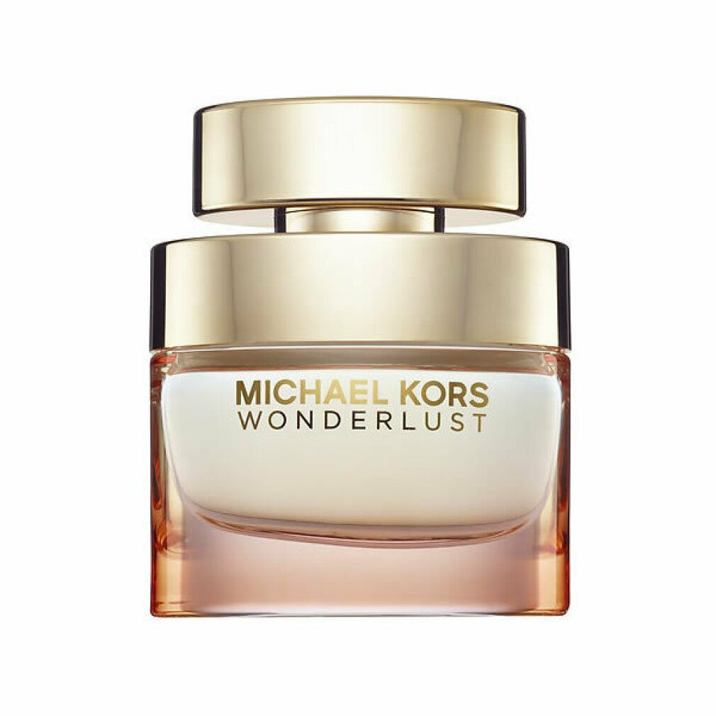 Michael Kors Wonderlust Edp Spray Flakon. Goldfarbener Deckel, rosa Glas. Markenname und Produktbezeichnung auf dem Flakon.