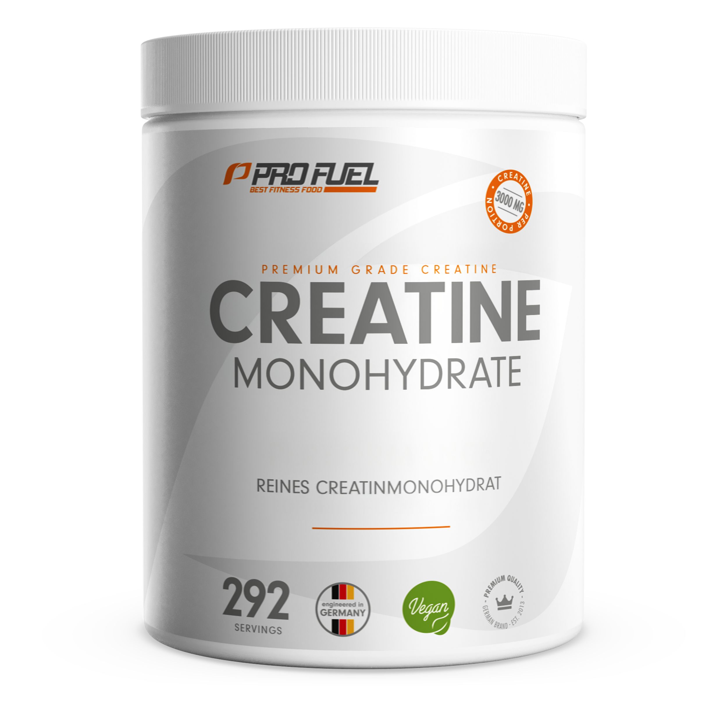 Weißer ProFuel Creatine Monohydrate-Behälter. Text: Creatine Monohydrate, 292 Portionen, vegan, Made in Germany, 3000 mg.
