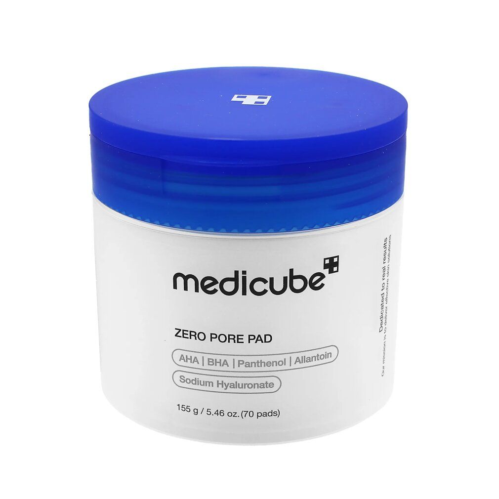 Medicube Zero Pore Pad Behälter mit AHA, BHA, Panthenol und Natriumhyaluronat.