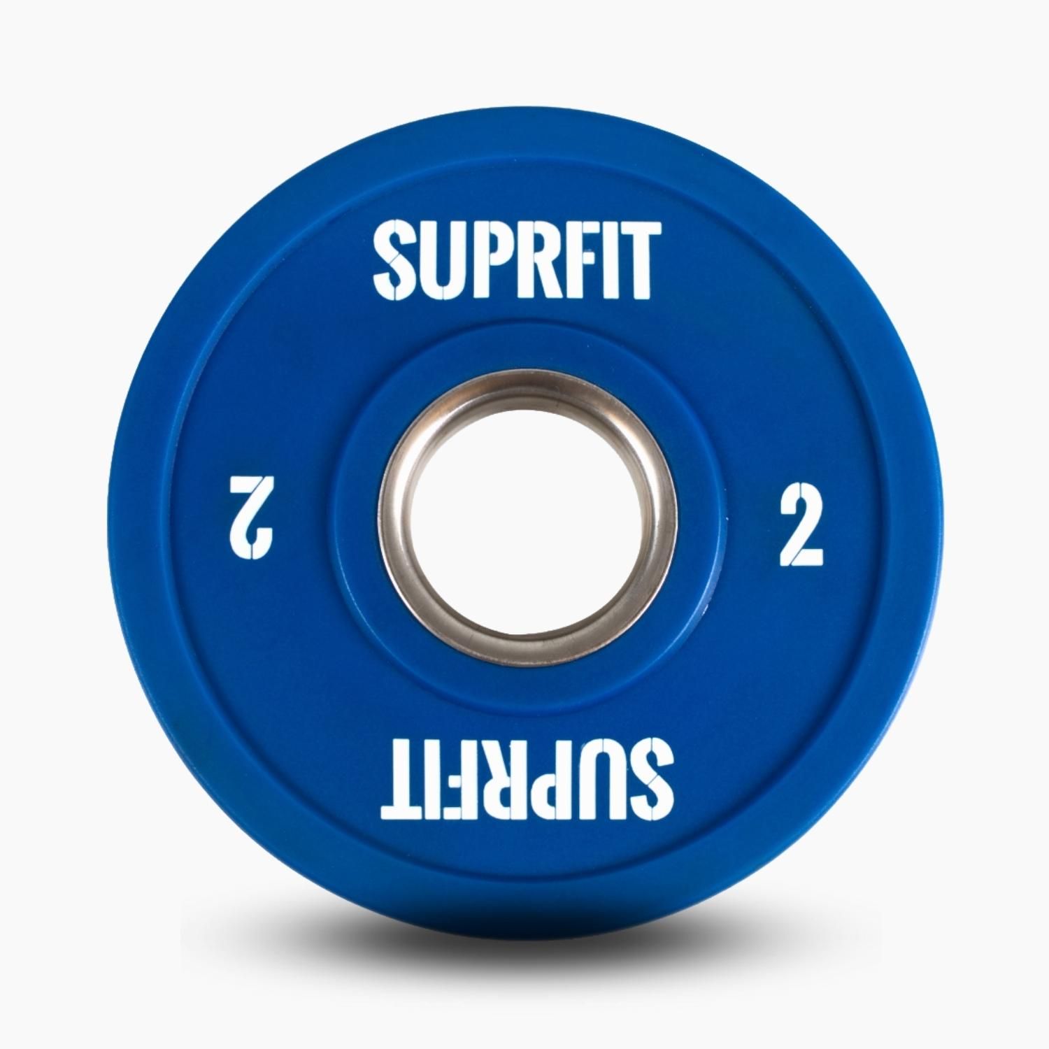 Blaue Suprfit Mini Bumper Plate. Gewicht: 2. Metallring in der Mitte. Weißer Schriftzug Suprfit.