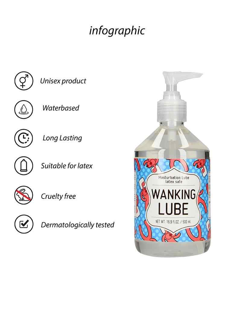 Transparente Flasche mit Pumpe. Aufkleber mit Text: WANKING LUBE. Infografik mit Symbolen: Unisex, wasserbasiert, langanhaltend, für Latex geeignet, tierversuchsfrei, dermatologisch getestet.