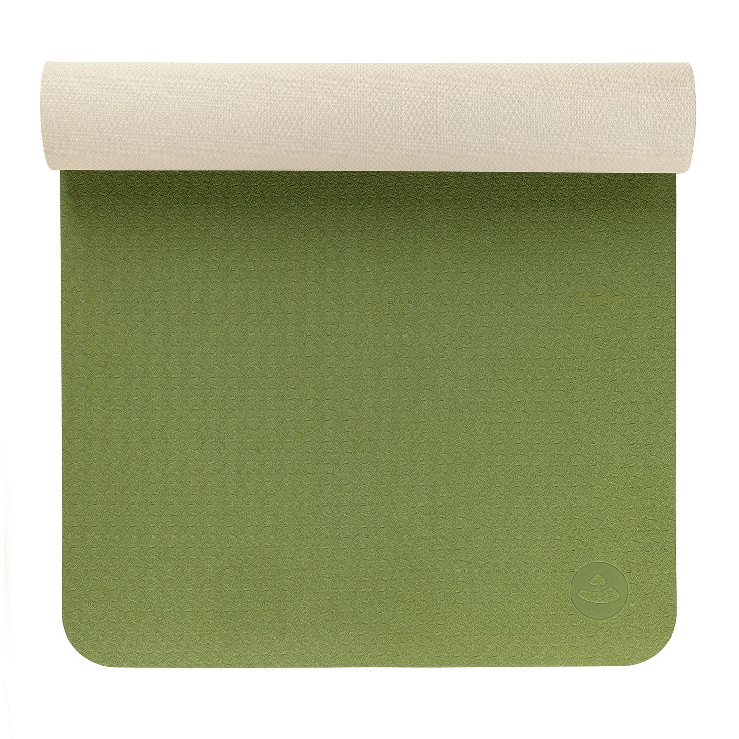 Yogamatte, grün, teilweise ausgerollt. Logo sichtbar. Abgerundete Ecken. Unterseite hell.