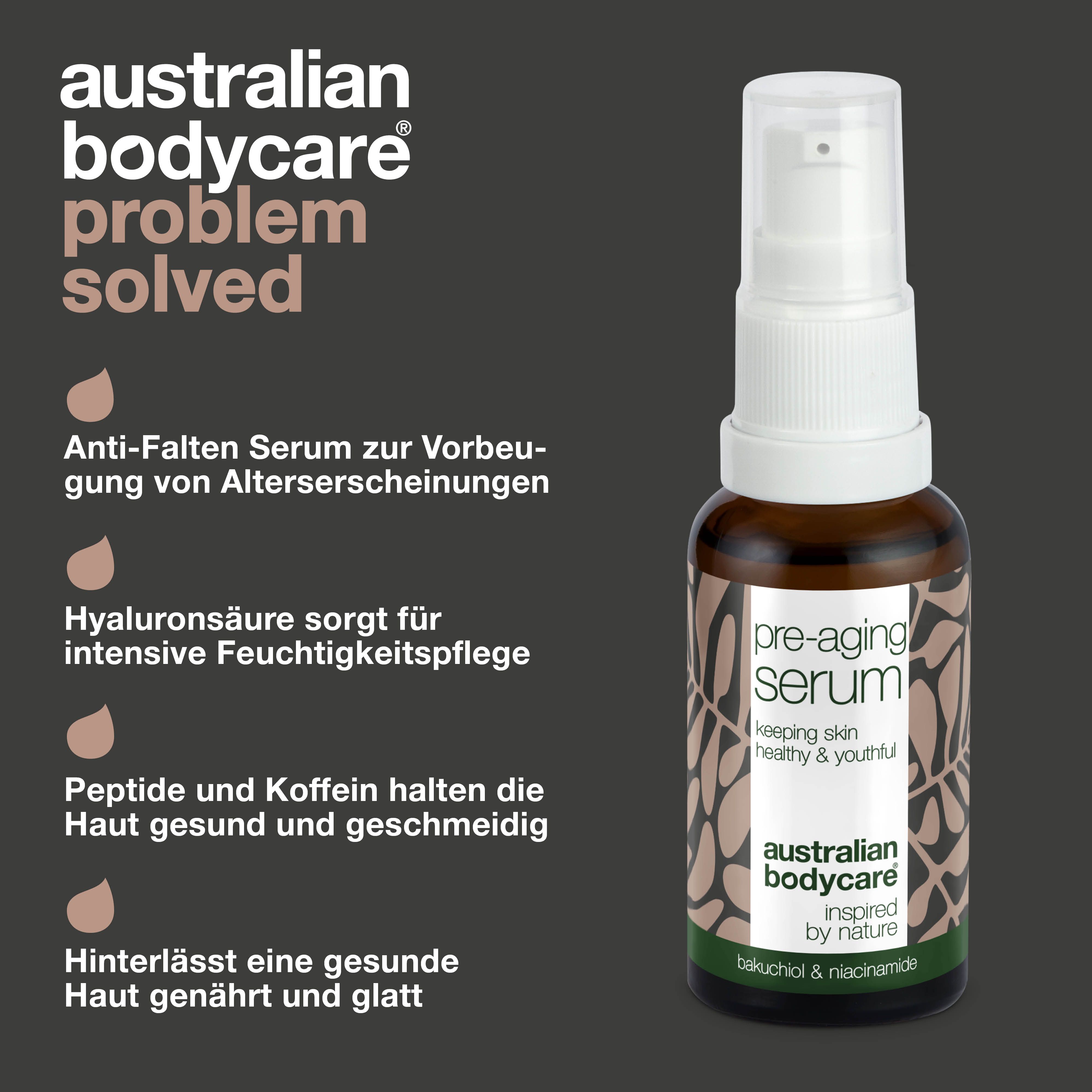 Flasche Pre-Aging Serum. Text: Anti-Falten Serum, Hyaluronsäure, Peptide und Koffein, gesunde Haut.