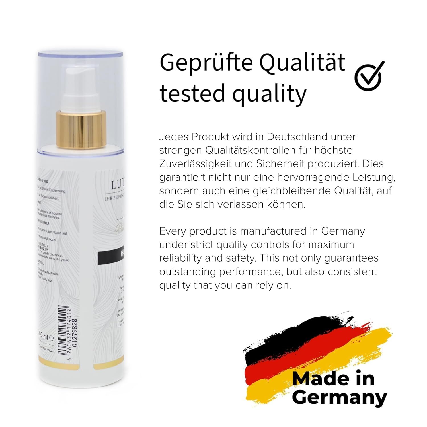 Haarspray-Flasche mit Text und Logo. Text: 'Geprüfte Qualität', 'Made in Germany'. Flagge Deutschlands.