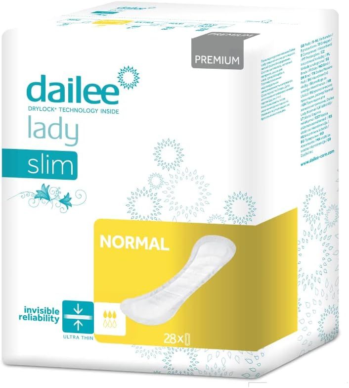 Verpakking van Dailee Lady Slim Normal incontinentieverband. Witte doos met productafbeelding en tekst. 28 stuks.
