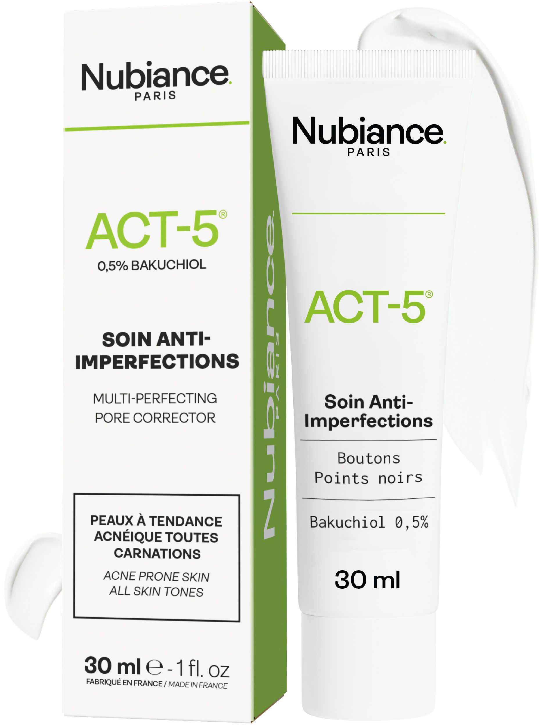 Creme-Tube und Verpackung. Aufschrift: Nubiance, ACT-5, 0,5% Bakuchiol. Text: Soin Anti-Imperfections, 30 ml.