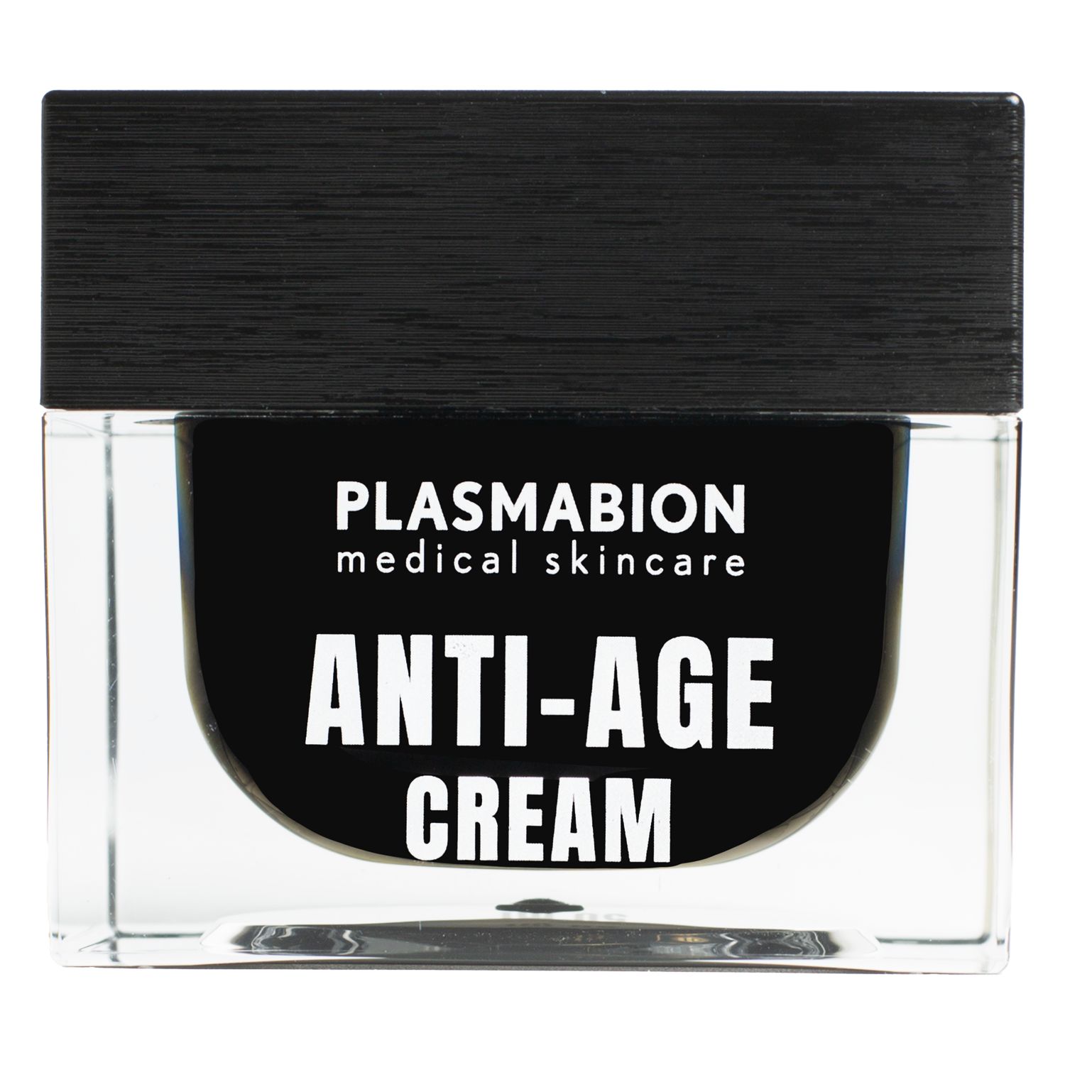 Creme-Glas mit schwarzem Deckel. Auf schwarzem Hintergrund steht "PLASMABION medical skincare ANTI-AGE CREAM" in weißer Schrift.