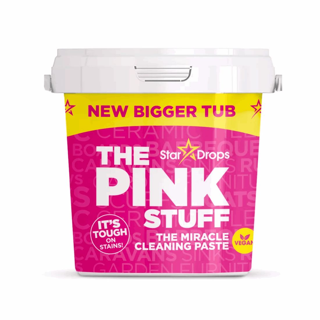Rosa Reinigungs-Paste in einem Eimer mit gelbem Etikett. Aufschrift: THE PINK STUFF, vegan. Sterne und Text: NEW BIGGER TUB.