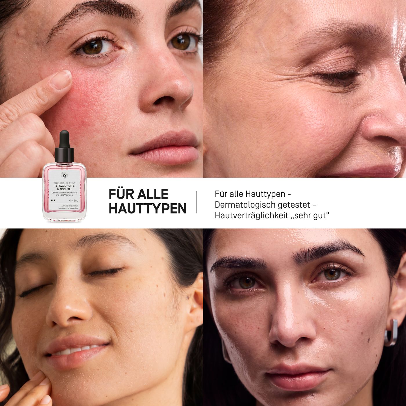 Collage zeigt Gesichter und Viva Maia Regenerating Serum. "Für alle Hauttypen" und "Dermatologisch getestet".