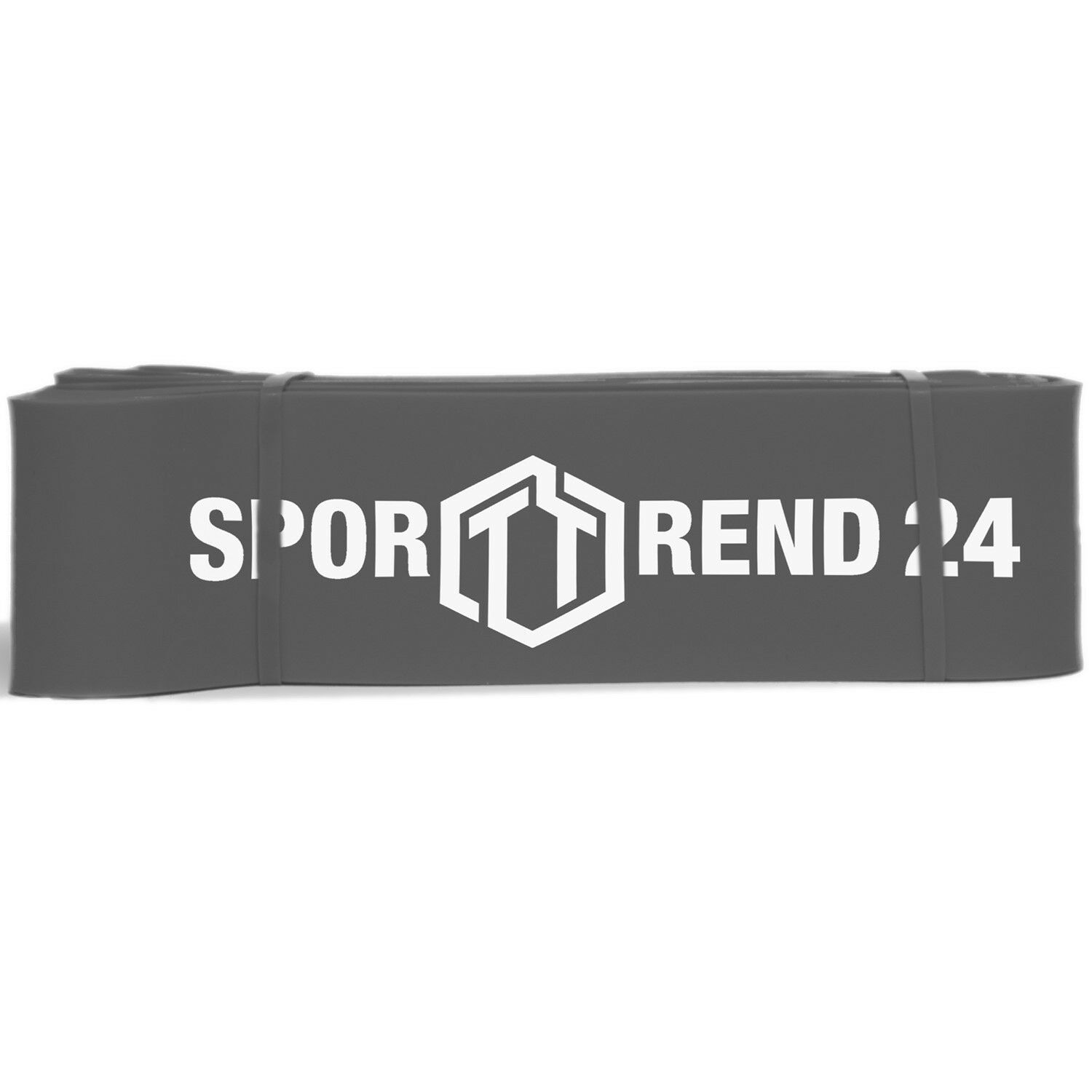 Graues Fitnessband mit weißem Schriftzug SPORTTREND 24 und Logo. Band gerollt.