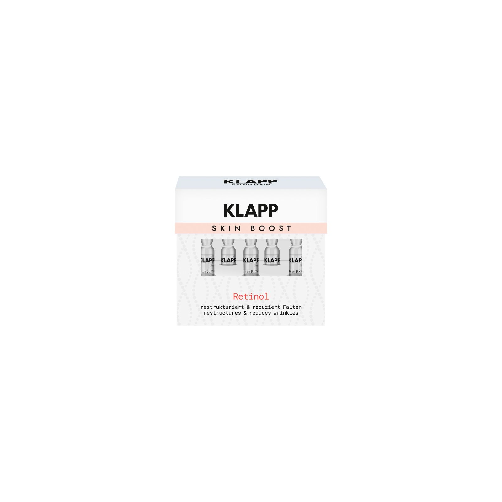 Verpackung von KLAPP Skin Boost Retinol. Enthält Ampullen. Text: Skin Boost, Retinol, restrukturiert & reduziert Falten.