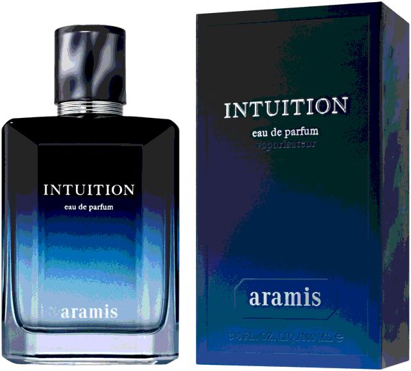 Dunkelblaue Flasche und Schachtel. Aufschrift: Intuition Eau de Parfum, Aramis. Flakon mit silbernem Verschluss.