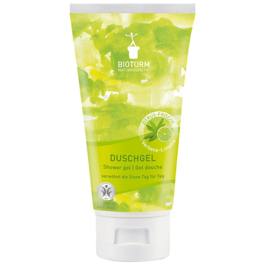 Grüne Tube mit BIOTURM Duschgel. Aufschrift: DUSCHGEL, Verbene-Limette, Citrus-Frische. Bio-Siegel.