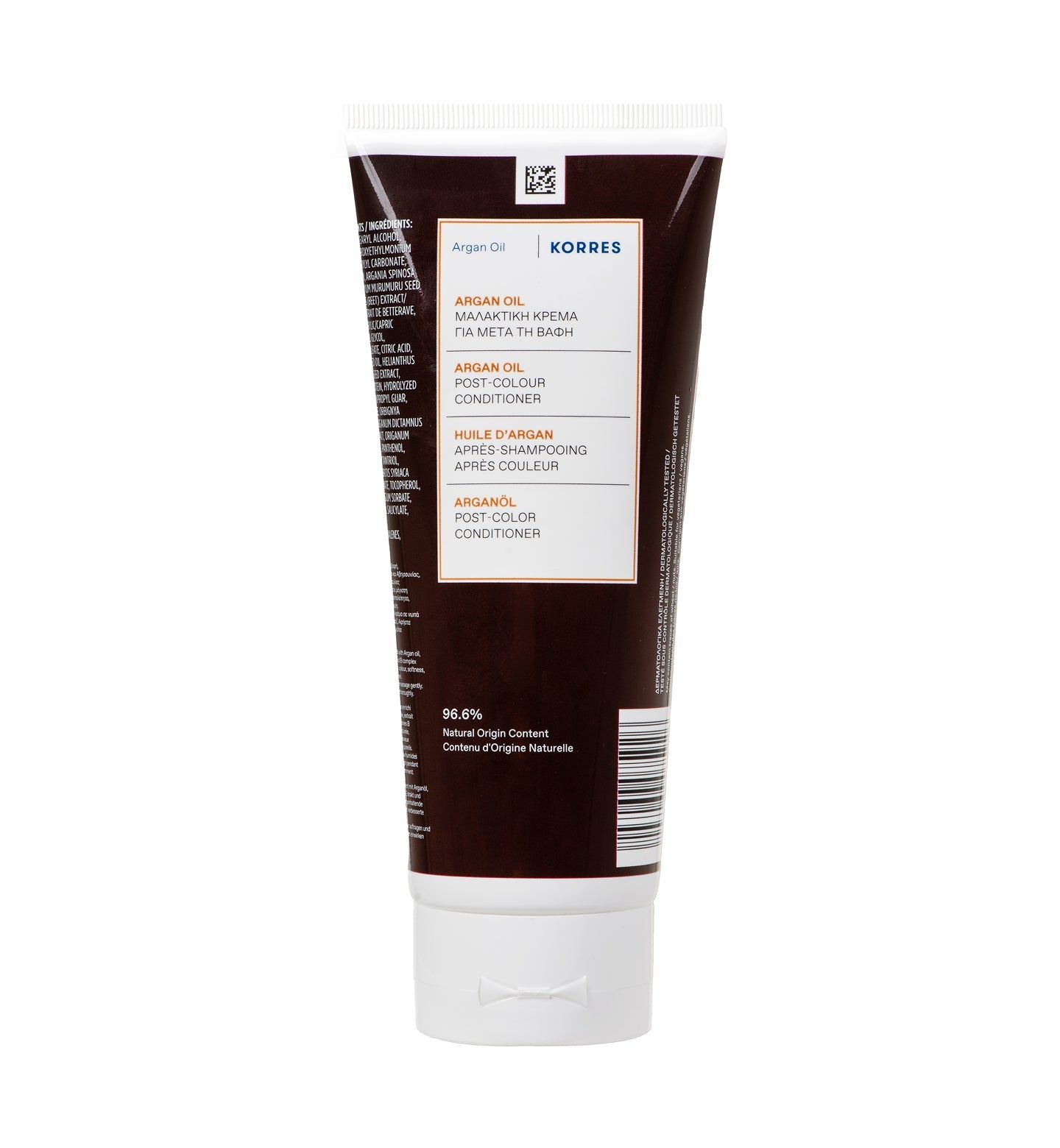 Braune Tube mit weißem Verschluss. Text: KORRES, Argan Oil Post-Color Conditioner. 96,6% natürlicher Ursprung.