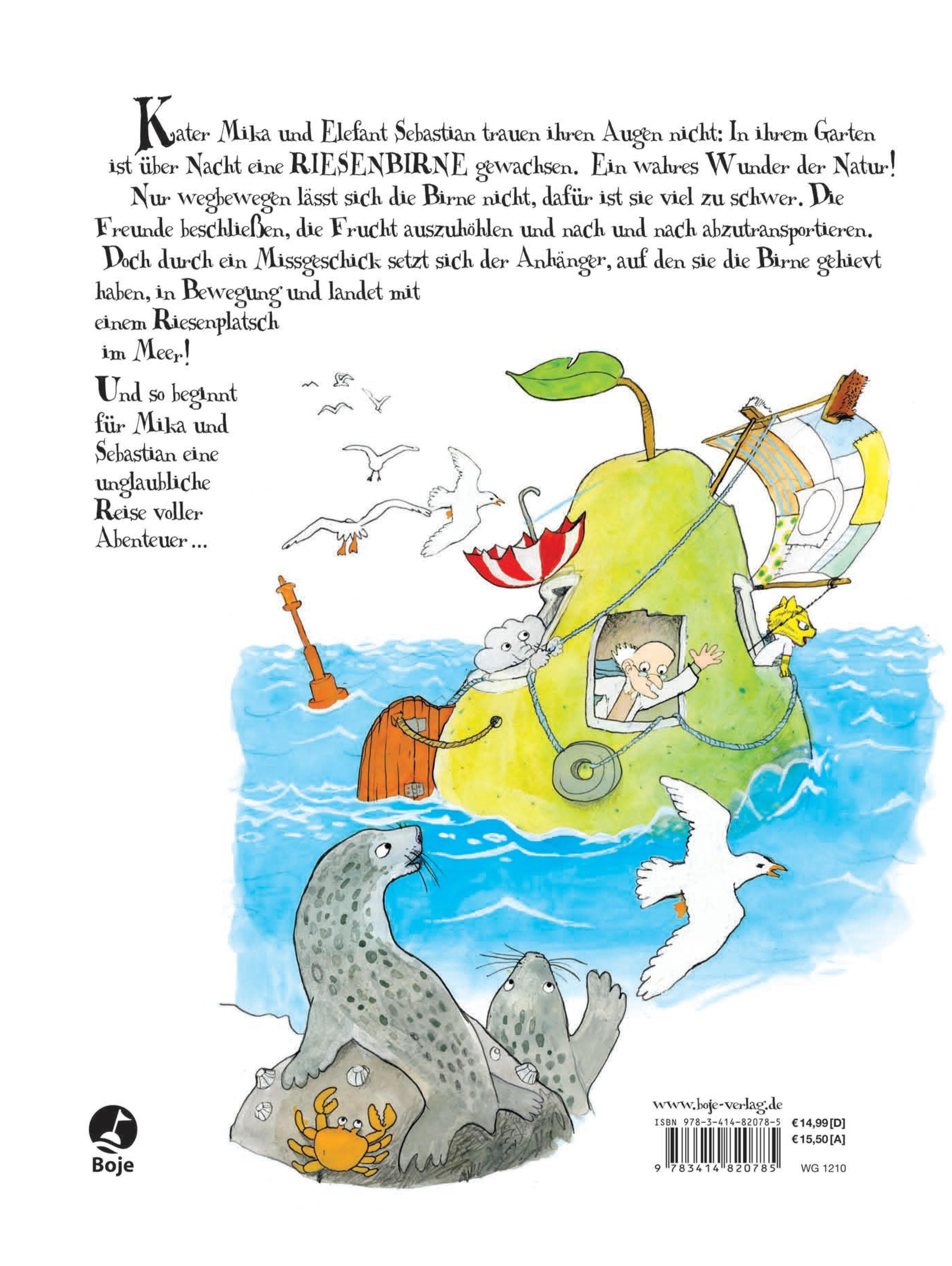 Buchcover. Rückseite mit Illustration einer Birne mit Figuren und Meerestieren. Text in deutscher Sprache.