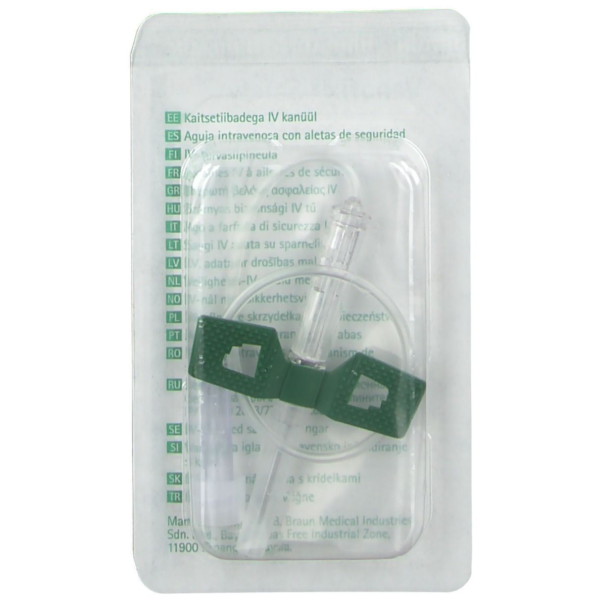 Transparente Verpackung mit Venenpunkt. Sichtbare grüne Flügel und transparente Kanüle.