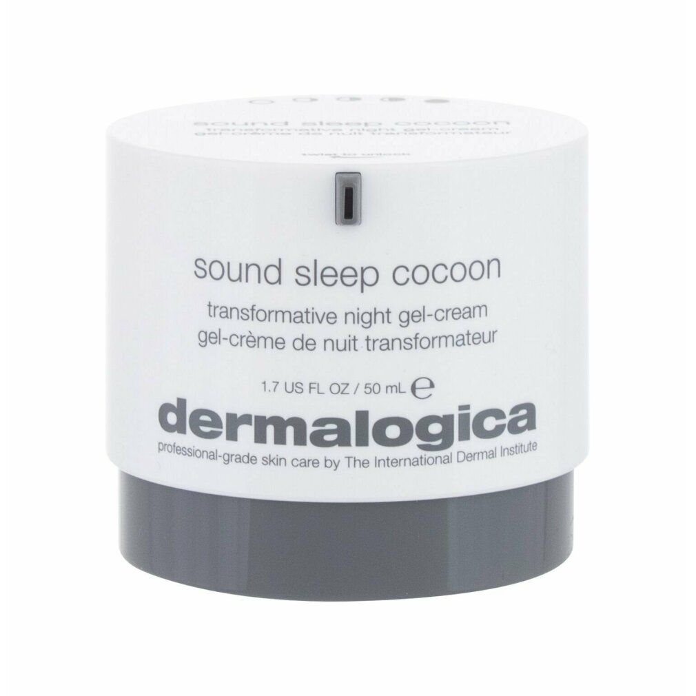 Zylinderförmige Dose mit weißem Deckel und grauem Boden. Aufschrift: sound sleep cocoon, Dermalogica.