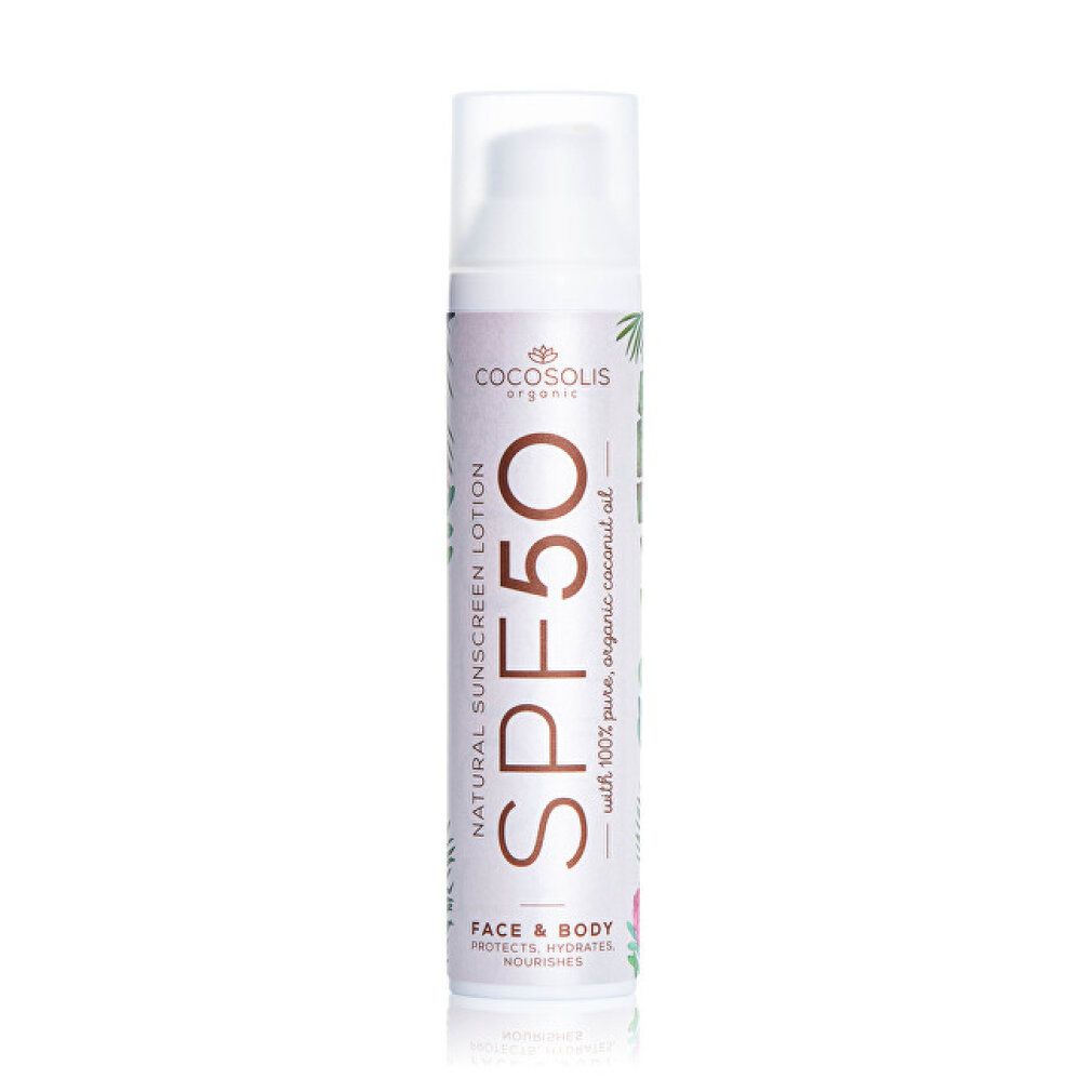 Sonnenmilch-Flasche mit SPF 50. Weißer Spender mit Aufschrift SPF 50, COCOSOLIS, Natural Sunscreen Lotion, Face & Body. Mit Kokosöl.