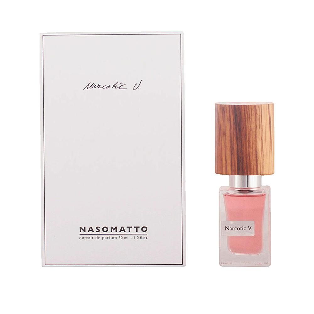 Parfümflakon mit Holzdeckel und weißer Verpackung. Aufschrift: Narcotic V. und NASOMATTO.
